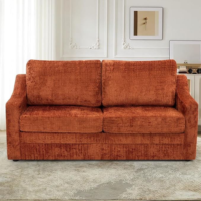 ACMEASE 67 Inches Chenille 2-Seat Sofa w/Comfortable Back Cushions, Modern Love Seat w/Deep Seat Space, Upholstered 2 Seater Couch w/High Resiliency Foam for Living Room, Office, Orange