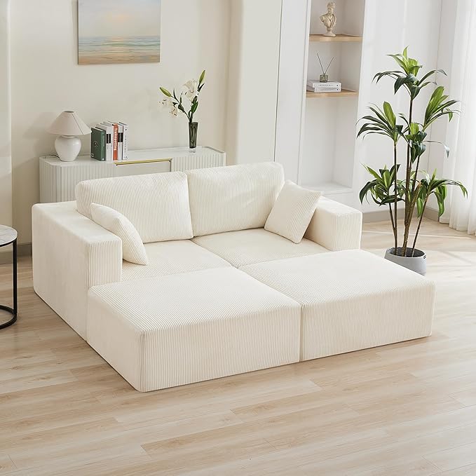 83'' Boneless Loveseat Sofa, Comfy Deep Seat Cloud Couch with 2 Moveable Ottoman, No Assembly Corduroy Love Seat for Living Room, Beige