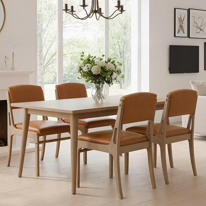 Mid Century Upholstered Dining Chairs Set of 2, Armless Farmhouse Leather Dining Chairs, Kitchen & Dining Room Chairs with Open Back, Accent Side Chairs for Living Room with Walnut Wood Frame, Brown