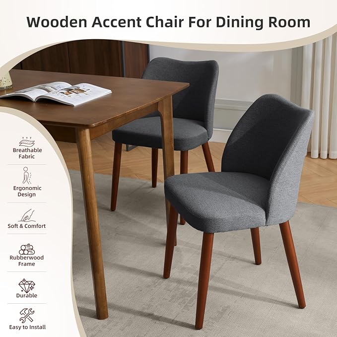 ElfinAura Dining Chair Set of 6, Linen Upholstered Dining Chair with Wood Legs, Wing Backrest, Wooden Kitchen Chair, Kitchen Chairs with Thick Cushions for Dining Room, Living Room, Dark Grey