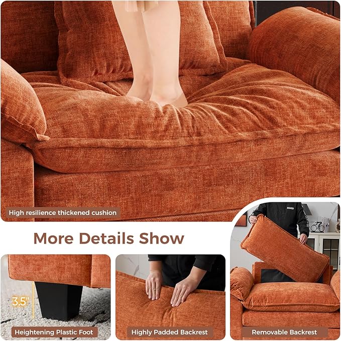 HUSFU Oversized Accent Chair with Ottoman, Chenille Cloud Couch Chair with Deep Seat and Extra Wide Armrests, Comfy Reading Armchair for Bedroom, Living Room, Terracotta Orange