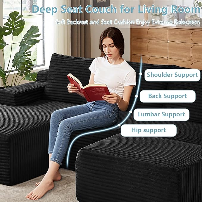 96" W Cloud Sectional Couch with Ottoman,Modern U-Shaped Cloud Couch with Side Pockets,Comfy Corduroy 3-Seater Sofa,Memory Foam Sofa for Living Room,No Assembly (Black,Left-Facing Chaise)