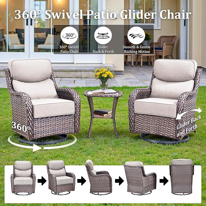 Pugire Luxury High Back Patio Furniture Set with 6-Inch Thick Cushions, 6-Pieces Outdoor Furniture with Swivel Chairs, Wicker Conversation Set for Porch, Balcony, Deck and Yard, Brown/Beige