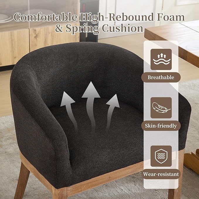 Shenyon Black Dining Chairs Set of 6, Upholstered Linen Fabric Dining Room Chairs with Arms and Solid Wood Legs, Comfy Barrel Accent Chairs for Dining Room, Living Room, or Cafe