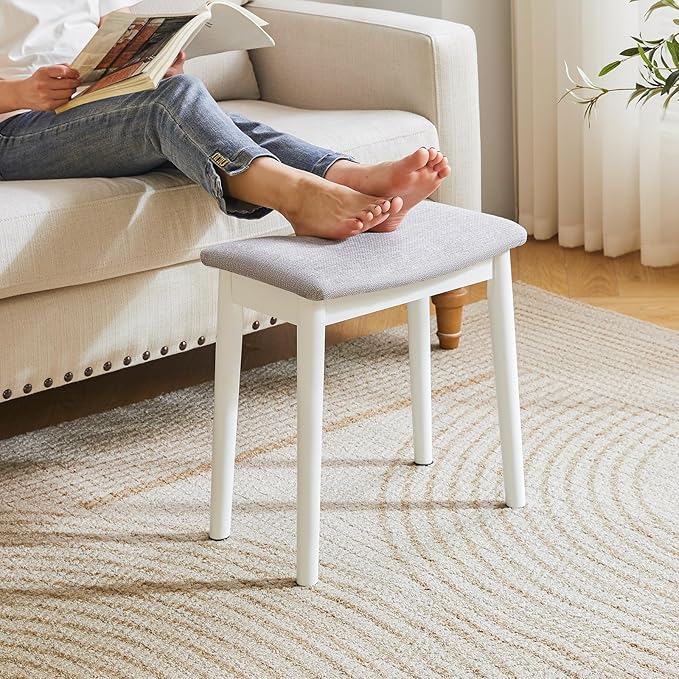 IBUYKE Saddle Cushion Vanity Stool Chair, Foot Rest Stool with Solid Wood Legs, Modern Vanity Bench Ottoman for Piano, Upholstered Seat for Bedroom, Entryway, White Legs&Light Gray WBD007WG