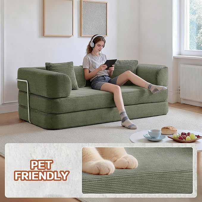 KEIKI 75" Modern Floor Sofa Bed with Convertible Blanket Pillow,Enhanced Frame Stability,Compressed Sleeper Couch for Living Room