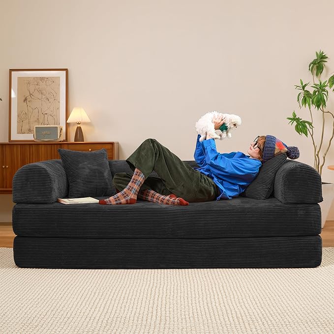 79" Convertible Sofa Bed, Boneless Corduroy Sleeper Foldable Modular Couch, Memory Foam Compressed Sofa in A Box, Folding Mattress Floor Couch for Small Space Living Room Apartment Bedroom, Black