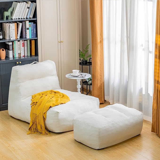 Bean Bag Chair with Ottoman, Giant Bean Bag Chairs for Adults with Memory Foam, Comfy Bean Bag Sofa for Bedroom, Lounge Beanbag of Reading and Gaming with Filler Included (Beige White)