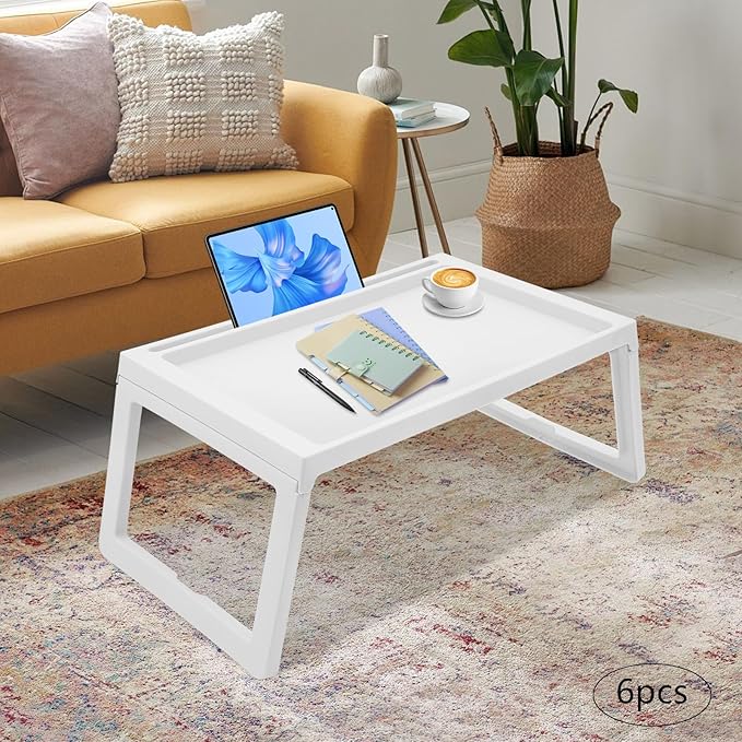 6PC Bed Tray Table with Folding Legs, Plastic Small Breakfast in Bed Tray Laptop Table Foldable Lap Desks for Eating on Sofa Laptops Sleepover Slumber Party Kids Adult (White)