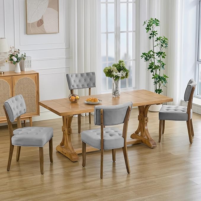 UVV Upholstered Dining Chairs Set of 4, Mid Century Modern Tufted Kitchen Chairs Dining Room Chairs, Velvet Dinner Chair with Wood Legs for Dining Room Kitchen, Light Grey