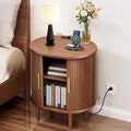 DHH Mid Century Modern Nightstand with Charging Station, Fluted Accent Side Table with Sliding Door & Adjustable Shelf, End Table for Small Space, Living Room, Bedroom,Sofa Couch (1, Walnut)