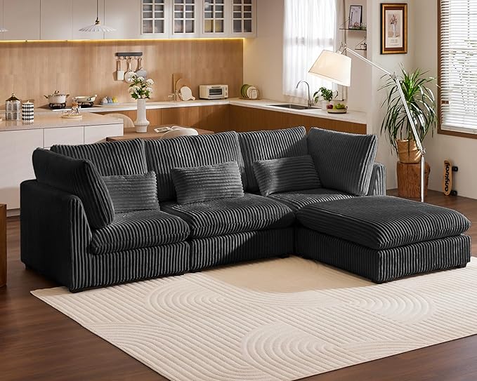 Oversized Modular Sofa, Extra Deep Cloud Corduroy Sectional Couch with Ottoman Chaise, Fluffy Chenille L-Shaped Sofas for Living Room, Villa (L Shape 4 Seater, Corduroy Black)