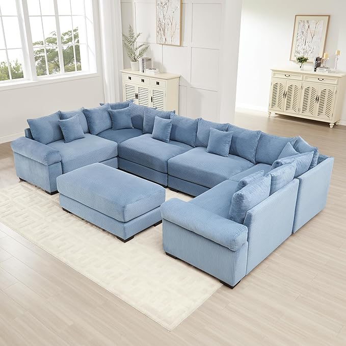 KEIKI 138" U-Shaped Oversized Corduroy Modular Cloud Sectional Sofa with 1 Ottoman, High-Density Foam Cushion, Extra-Thick Armrest, 6-Seater Fluffy Corner Couch with 20 Pillow, for Living Room, Blue