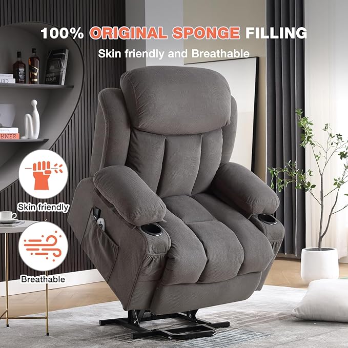 Power Lift Recliner Chair for Elderly with Vibration Massage and Lumbar Heating, Electric Lift Recliner Single Sofa with Side Pocket, Two Cup Holders and USB Charge Port for Living Room