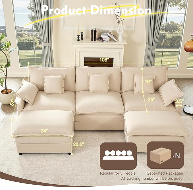 GOSUHI 108" U Shaped Couch, Modular Sectional Sofa, 3-Seater Comfy Cloud Couch with Movable Ottoman, Deep Seat Couches for Living Room, Linen, Beige