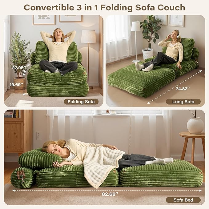 75''Foldable Sofa Bed,Green Convertible Folding Sleeper Chair Bed,Foldable Single Sofa Foam Filling Couch with Pillow, Comfy Corduroy Lazy Floor Sofa for Small Room Living Room Bedroom Apartment