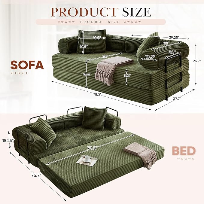 Modular Couch Bed, Convertible Folding Plush Corduroy Comfy Floor Memory Foam Compression Loveseat Sleeper Sofa Couch, King Size Bed for Guest Room Living Room Bedroom, No Assembly Required, Green