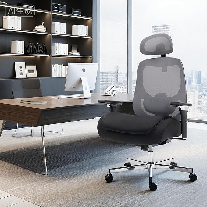 750 LBS Big and Tall Office Chair, Heavy Duty Executive Chair w/4D Arms, Ergonomic Computer Home Desk Chair, Swivel Mesh Chair w/2D Lumbar Support, Adjustable Headrest, Tilt Lock-Black and Grey