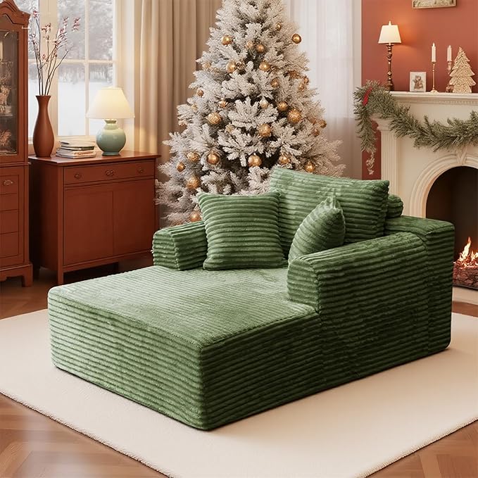 Oversized Chaise Lounge Chair Indoor, Upholstered Single 61'' Round Arm Boneless Cloud Sofa Bed Sleeper Couch, No Assembly Faux Rabbit Fur Memory Foam Reading Chair for Living Room Bedroom Green