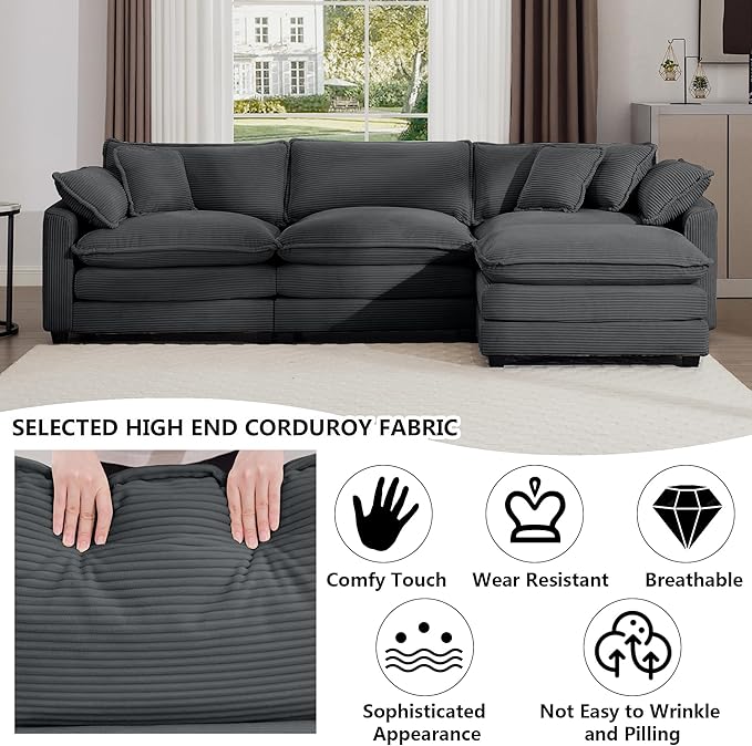 Aoowow Corduroy 3 Seater Cloud Couch with Ottoman,Modern Cloud Couches for Living Room,Modular Sectional Cloud Sofas with Deep Seat,Oversized Tufted L-Shaped Sofa Set. (Grey, 3 Seater + 1 Ottoman)