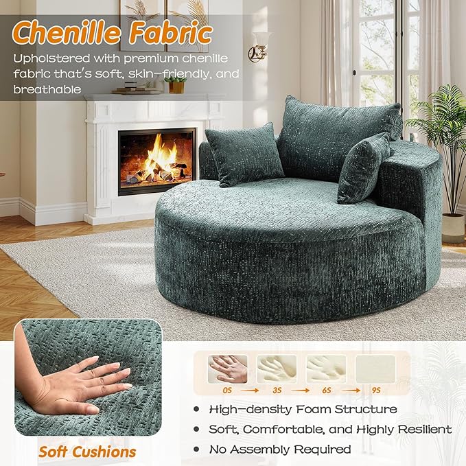 55"W Oversized Round Chair Lounge Chaise Indoor, Upholstered Comfy Circle Sofa Armchair, Modern Cozy Boneless Foam Floor Reading Chair for Living Room, Bedroom, No Assembly Required(Chenille, Green)