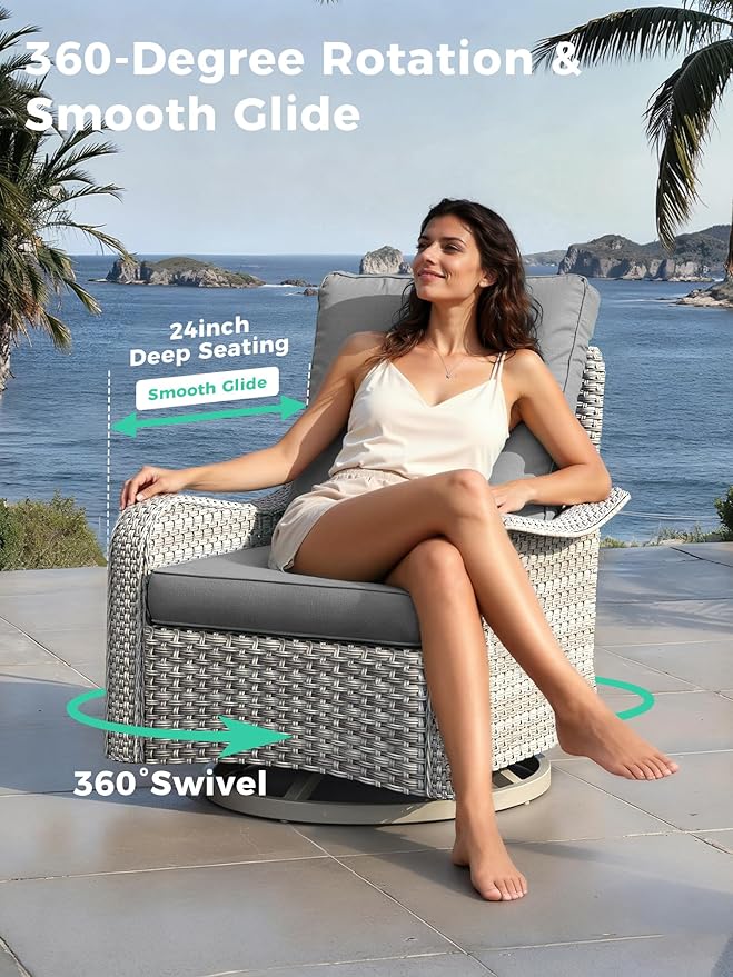 16 Piece Outdoor Wicker Rattan Sectional Sofa Set with Swivel Chairs & Fire Pit Table, 12-Seats with 4" Thickened Cushions & Coffee Table, All-Weather PE Rattan for Garden, Backyard, Porch, Grey