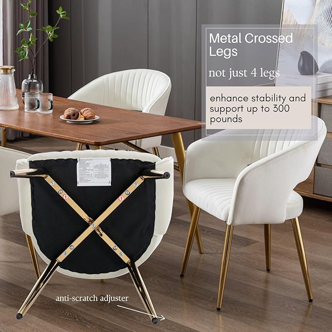 Cream Velvet Dining Chairs Gold Legs, Modern Dining Room Chairs with Arms Set of 2 Upholstered Accent Chair Armchair with Barrel Back for Kitchen Living Room