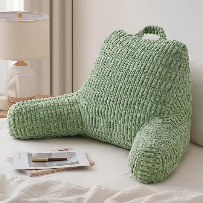 Blissful Diary Reading Pillow, Large Backrest Pillow with Shredded Memory Foam for Adult & Children, Designed for Bed and Couch Sitting Up, Includes Arms, Pockets and Washable Cover, Sage Green