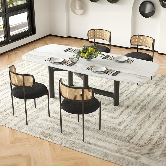Farini Modern Upholstered Dining Chairs Set of 4,Rattan Back Dining Room Chairs,Accent Kitchen Chairs with Metal Legs,Black