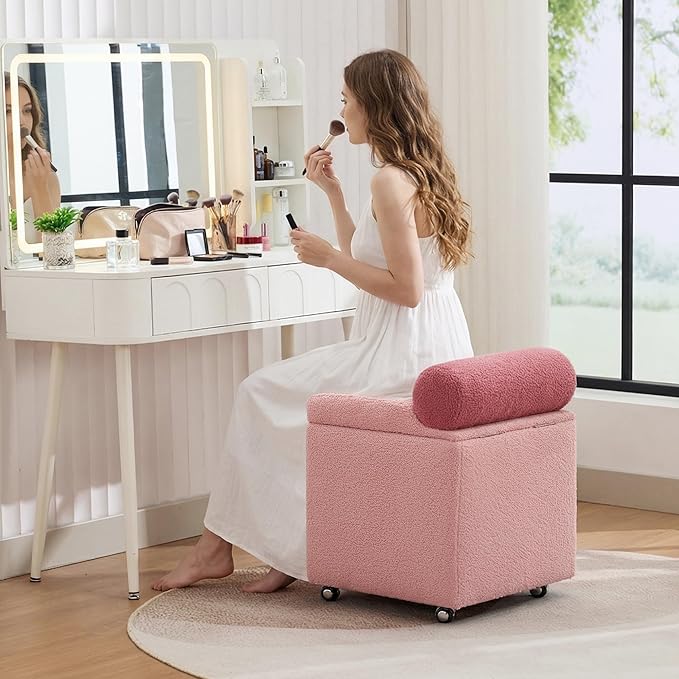 Boucle Vanity Chair with Storage, Swivel Vanity Stool with Safety Hinge, Upholstered Makeup Chair with Wheels, Square Ottoman Stool for Living Room, Dressing, Bedroom, Pink