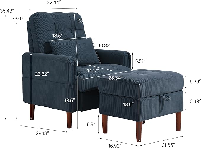Lumibee Accent Chair with Storage Ottoman, Upholstered Comfy Reading Chair with Adjustable Reclining Backrest, Corduroy Fabric Lounge Chair Armchair for Living Room Bedroom, Navy