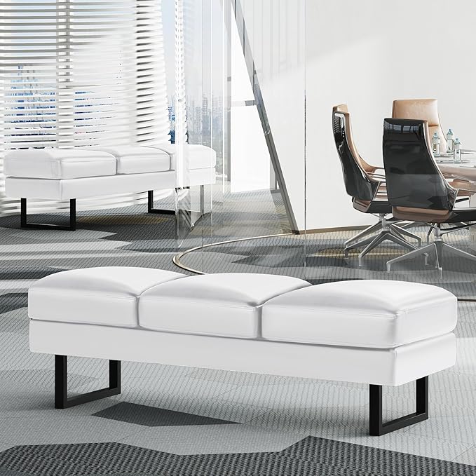 JUMMICO Waiting Room Chair Office Chair Seating, 59.6 inches Upholered Reception Bench 3 Seat Faux Leather Office Guest Chair Conference Room Chair for Salon and Shop (White)