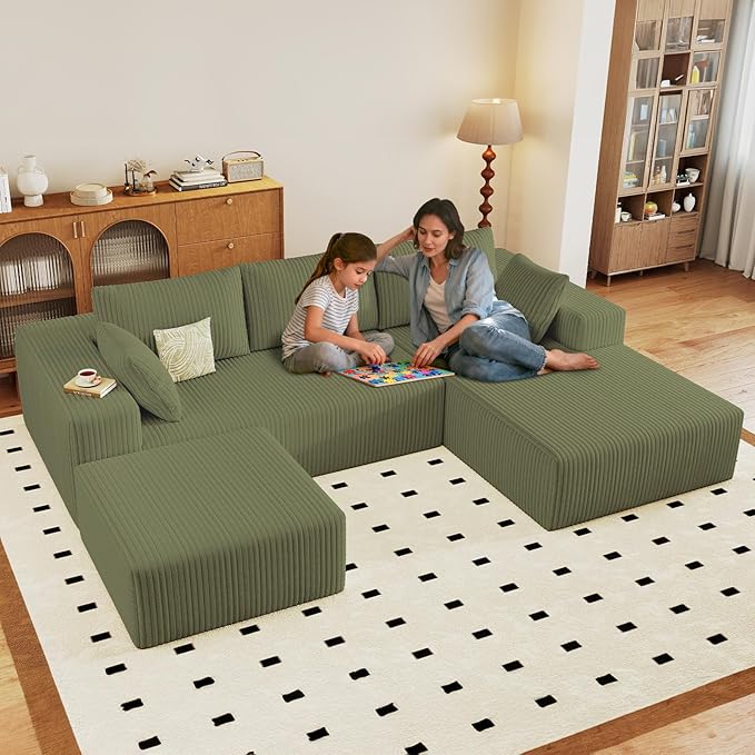 96" W Cloud Sectional Couch with Ottoman,Modern U-Shaped Cloud Couch with Deep Seat,Comfy Corduroy 3-Seater Sofa,Memory Foam Sofa for Living Room,No Assembly (Green,Right-Facing Chaise)