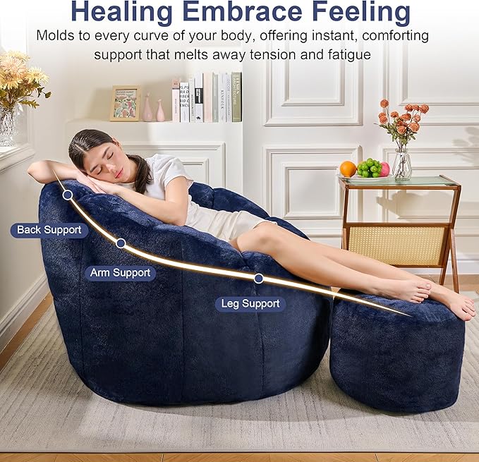 Pumpkin Shaped Bean Bag Chair with Ottoman, Gaint Bean Bag Chair for Adults, Faux Rabbit Fur Comfy BeanBag Floor Sofa Chair for Reading, Playing, Relaxing, Dark Blue