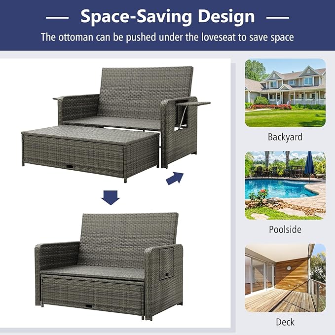 RELAX4LIFE Wicker Patio Outdoor Daybed - Rattan Day Bed Lounger with Loveseat & Storage Ottoman, Sunbed Sofa Set w/Cushions, 4-Level Adjustable Backrest & 2 Retractable Trays, Patio Daybed (Navy-Grey)