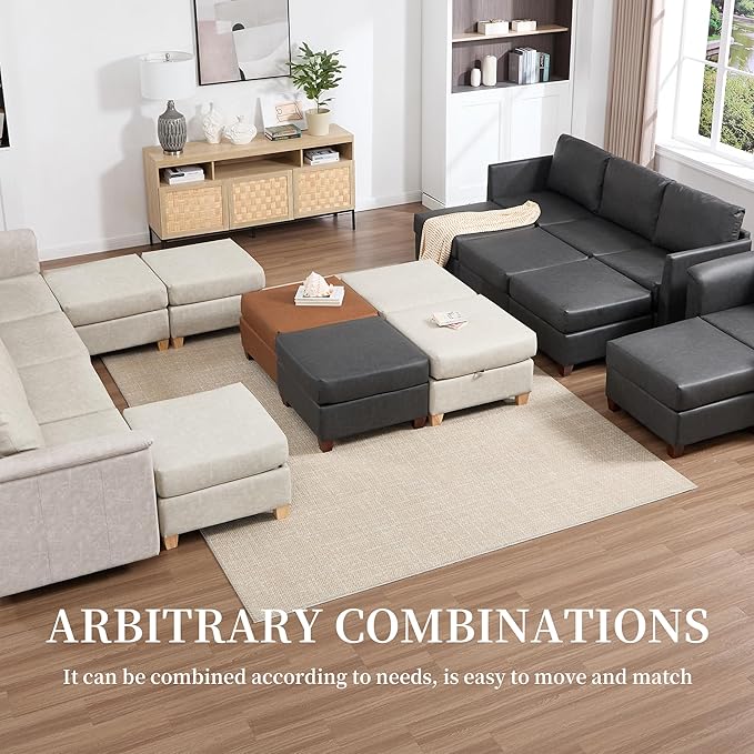 Modular Sectional Sofa,Modern L Shaped Sectional Couches for Living Room,5 Seat PU Leather Deep Seat Sectional Cloud Couch with Storage/Ottoman,Beige