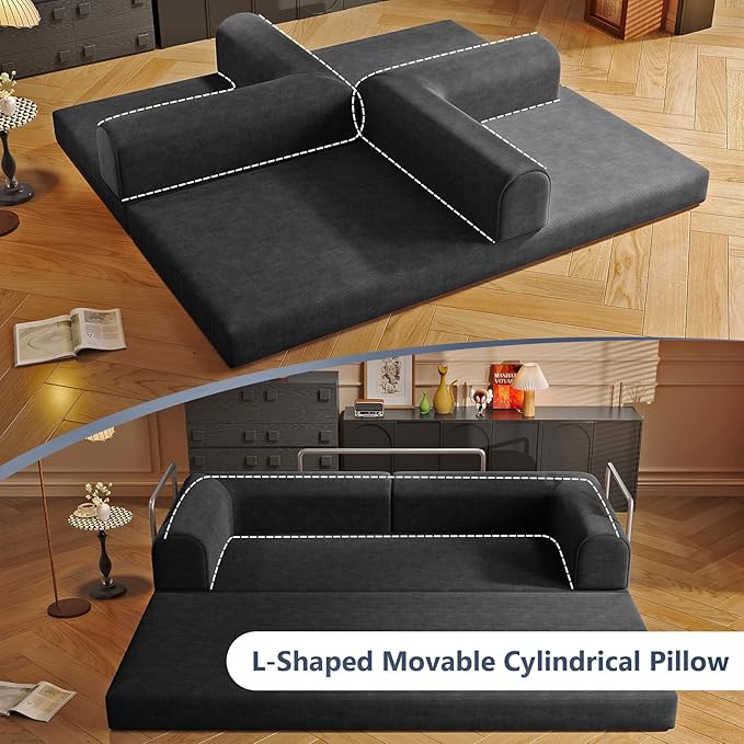 Convertible Sleeper Sofa Bed Boneless Cloud Comfort Black Futon Couch for Lounging & Sleeping, Removable & Washable Corduroy Sofa Cover, Floor Sofa Folding Mattress for Guests, Small Spaces