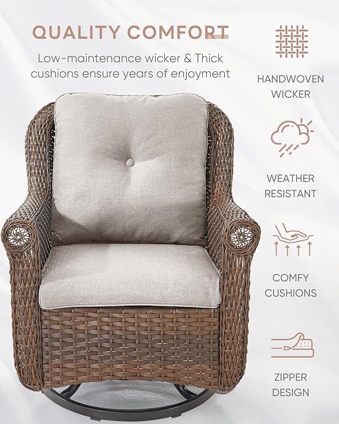 ACTREST Patio Chairs Outdoor Swivel Glider - Set of 2 High Back Outside Brown Wicker Rattan Rocking Chair with Thick Cushion for Porch Apartment Deck Yard Poolside Garden - Beige