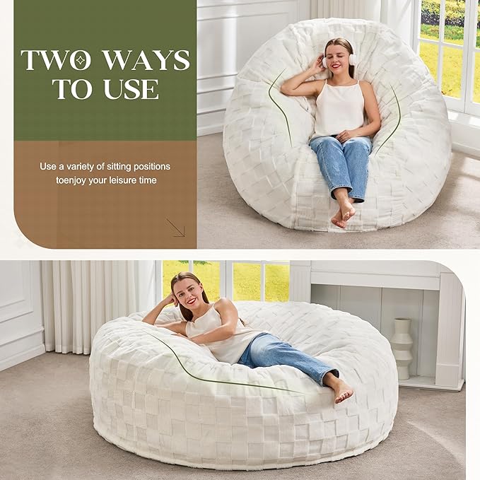 Hobestluk Bean Bag Chairs Beanbag Chair with Filler Adult Bean Bags with Fluffy Cover, Giant Bean Bag Chairs for Aduts for Living Room, Bedroom (White, 6FT - 70" x 70" x 15")