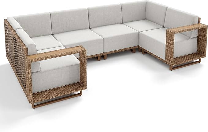 MIXPATIO Outdoor Patio Furniture Set, 6 Piece U Shape Patio Couch Rattan Wicker Sofa, Sectional Modular Outdoor Conversation Set with 10" Extra Thick Cushions for Deck Backyard Lawn