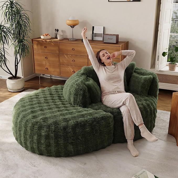 55" W Oversized Round Chaise Lounge Chair with Ottoman Indoor Boneless Faux Fur Plush Fluffy Circle Couch Soft Comfy Cozy Cloud Reading Chair with 5 Pillows for Living Room, Playroom, Bedroom - Green