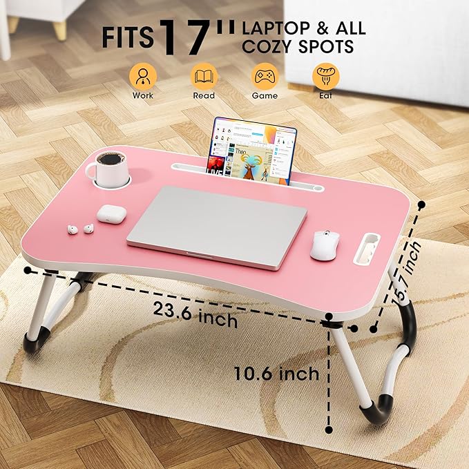 Folding Lap Desk, 23.6 Inch Wood Laptop Bed Desk with Cup Holder, Portable Bed Table for Working Writing Reading & Eating for Bed, Sofa, Couch, Floor - Pink