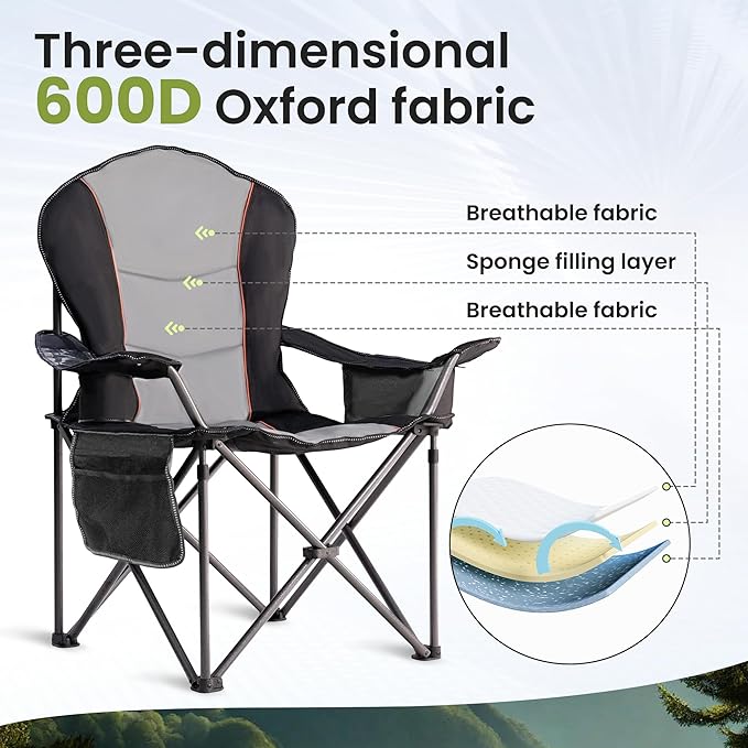 Oversized Camping Chair Heavy Duty- Portable Folding Chair, Cup Holder & Waterproof Phone Case for Adults, Beach, Hiking, Backyard (Black & Light Gray, 1 PCS)