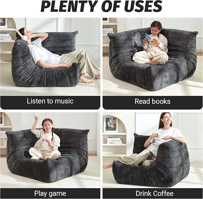 Homguava Bean Bag Chair, Giant Beanbag Chairs for Adults, Memory Foam Fireside Chair, Large Lazy Floor Sofa, Sofa Couch with High-Rebound Foam, Lounge Chair for Living Room, Bedroom (Grey, Corner)