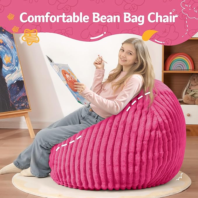 Homguava 2FT Bean Bag Chair, 2' Small Bean Bags with Memory Foam Filled, Beanbag Chairs with Machine Washable Cover Dutch Corded Plush Cover for Classroom,Living Room,Bedroom-Pink