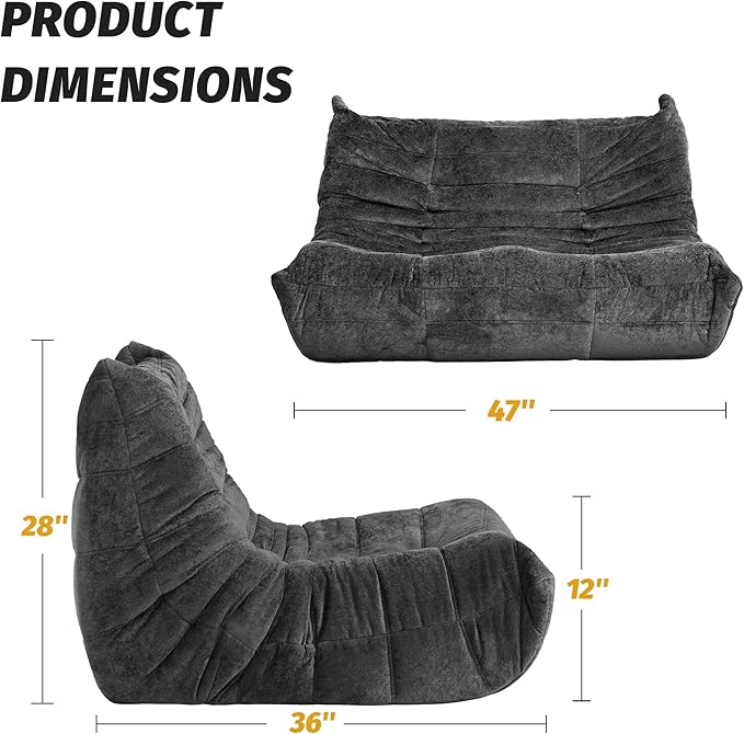 Homguava Bean Bag Chair, Giant Beanbag Chairs for Adults, Memory Foam Fireside Chair, Large Lazy Floor Sofa, Sofa Couch with High-Rebound Foam, Lounge Chair for Living Room, Bedroom (Grey, Loveseat)