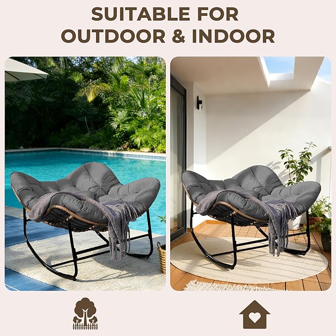 Sgentle Papasan Rocking Chair for Outdoor & Indoor, Oversized Patio Rocking Chair with Cushions & Steel Frame, Wicker Egg Lounge Chair, Comfy Reading Chair for Patio, Deck, Porch (Grey, Style 2)