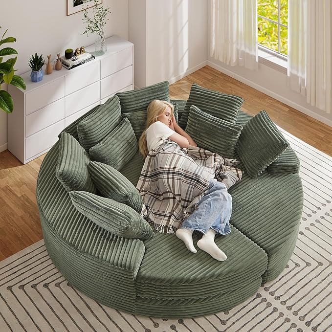 78-inch Oversized Round Chaise Lounge Chair Indoor, Convertible Folding Sofa Bed w/ 10 Pillows, Fluffy Corduroy Boneless Compressed Memory Foam Couch for Living Room, Bedroom (Green, Left & Right)