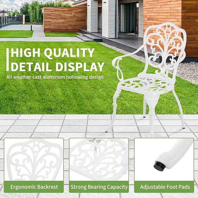 Withniture 3 Piece Outdoor Bistro Table Set, Cast Aluminum Patio Bistro Sets with Umbrella Hole, All Weather Bistro Table and Chairs Set of 2 for Garden Porch (Butterfly Arm, White)