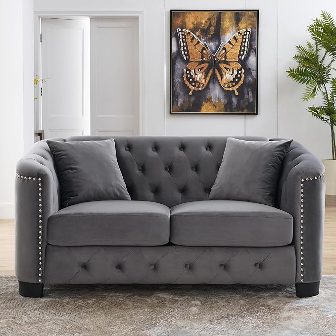 mikibama Modern Chesterfield Velvet Loveseat Sofa, 59 Inch Sectional Sofa, Luxury 2 Seater Upholstered Tufted Couch with Nailhead Arms and 2 Pillows for Living Room, Bedroom, Apartment(Grey)